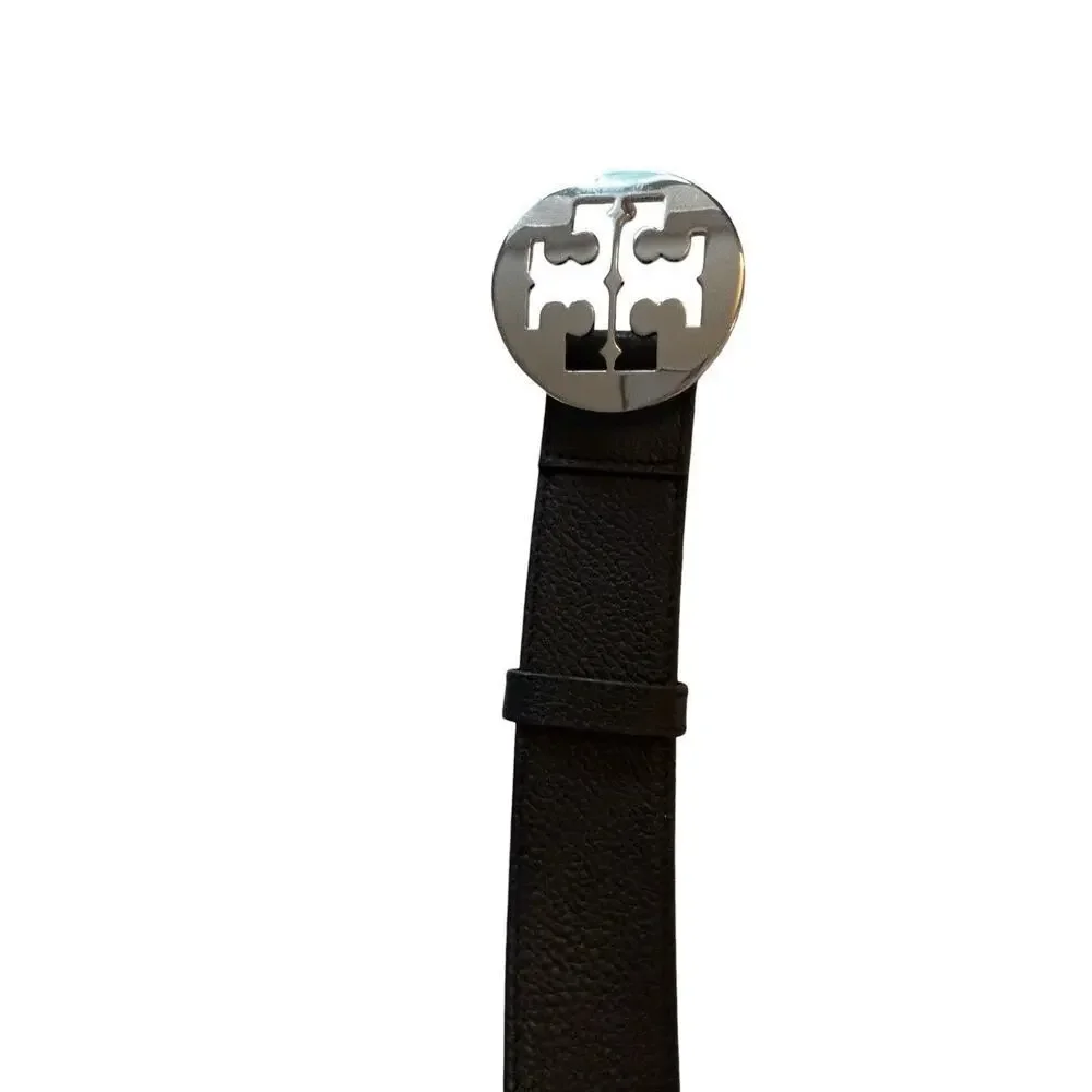Tory Burch Signature Logo 1 1/2 Inch Wide Belt Silver Buckle 41” Inch Sz M